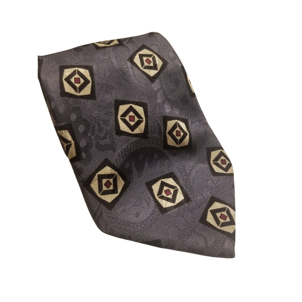 Lands End Mens 100% Silk Geometric Pattern Necktie In Gray With Gold & Red Accen